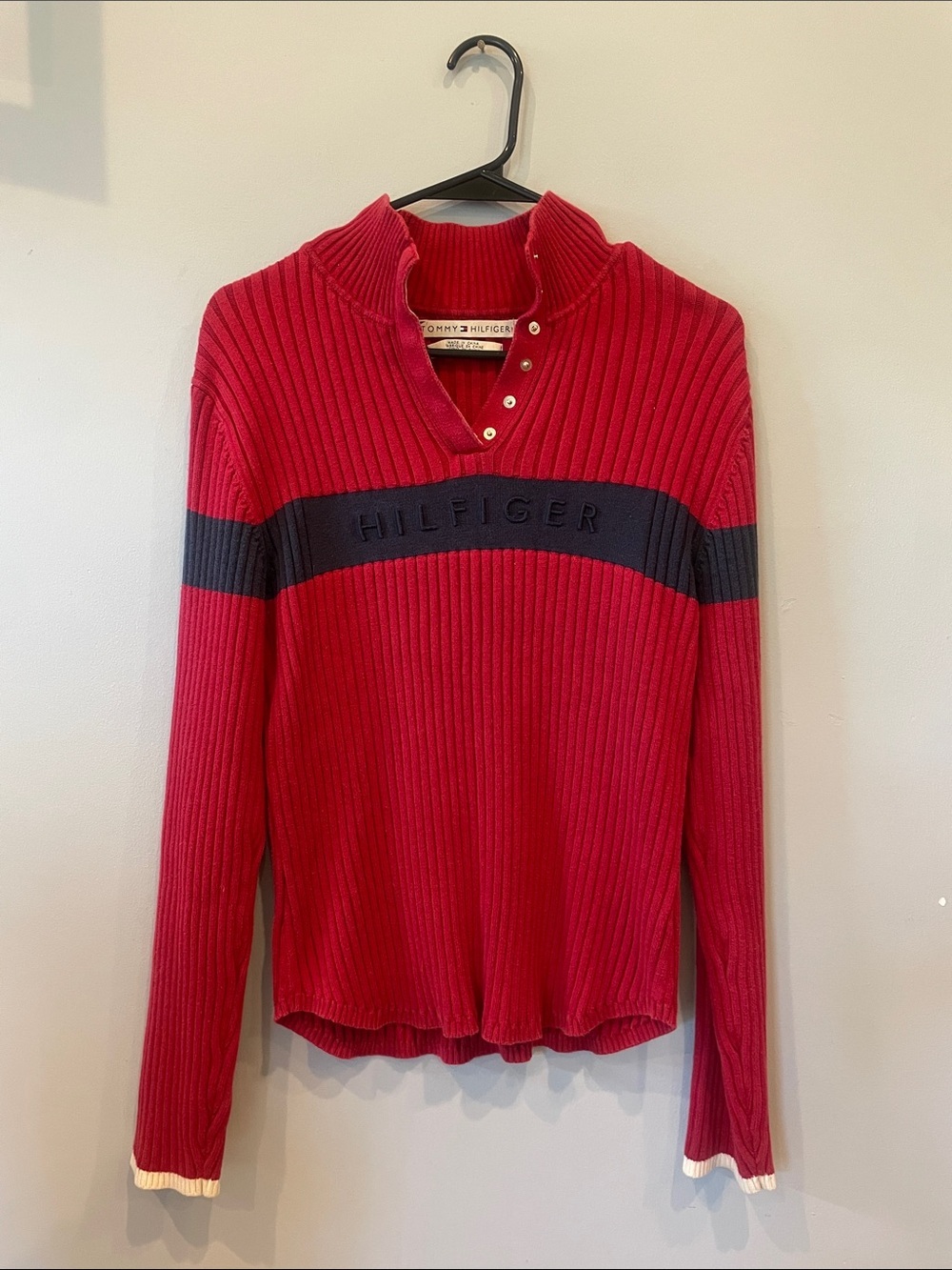 Tommy Hilfiger Red Ribbed Snap-Neck Sweater with Navy Band